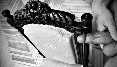 Guy jerks off on a vintage chair and cums on himself at the end - Promo