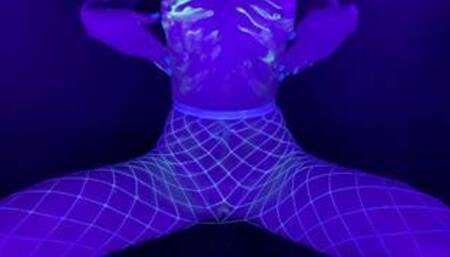 White fishnets, a rabbit tail butt plug, blacklight, glow-in-the-dark lube, dildo & vibrator orgasms