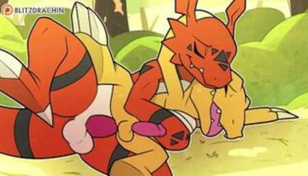 Patreon/Blitzdrachin : Agumon x Guilmon hentai furry yiff animation gay cumshot anal sex spooning