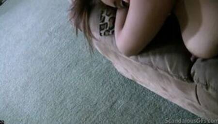 Pretty Babe with yummy tits blowjob breakfast on sofa