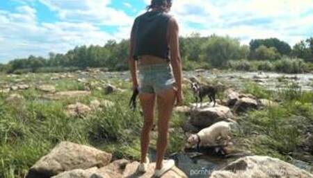 Sexy Shorts and Crop Top No Bra walkout (sideboob, downblouse, nipslip)