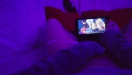 Redhead Girl masturbating watching lesbian Hentai uncensored when parents are in home