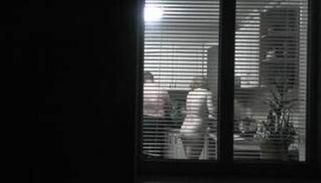 Family nudism . Naked stepdaughter cooking dinner walks naked in front of Dad at open window public