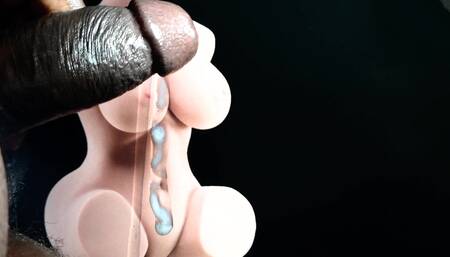 Gay daddy jerking off black cock & cumming on sex doll