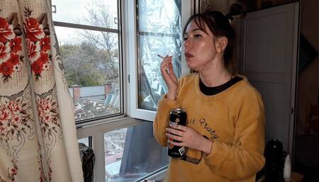 stepsister smokes a cigarette and drinks alcohol