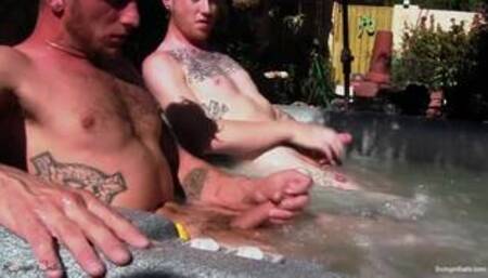 College straight guys jerk off in a hot tub showing off their low hangers