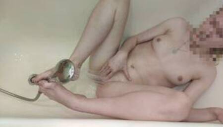 Bath masturbate. Foot job. She cum with shower on clitor. Wet red pussi.