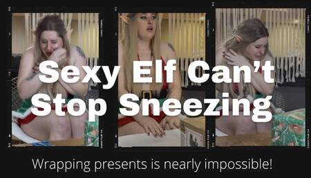 Sneezing Elf Struggles to Wrap Presents