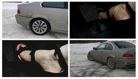 Crazy barefoot drift on icy parking in powerful BMW 330