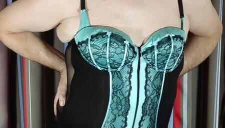 Hot crossdresser slut in sheer basque and stockings