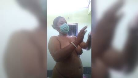 Sexy young female bath outside and show her big nipples