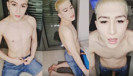 Femboy in jeans shorts and dirty feet fucks transparent fleshlight