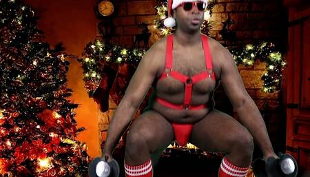 Sexy black Santa works out before jerking his big stocking stuffer