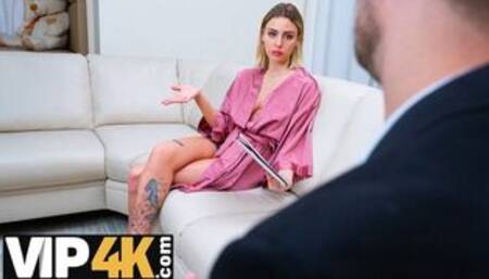 Devious moneylender coaxes blonde to satisfy his every desire