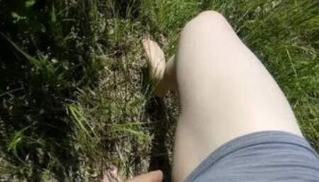 Shemale pissing outdoor in panties on the lake. Extreme outing