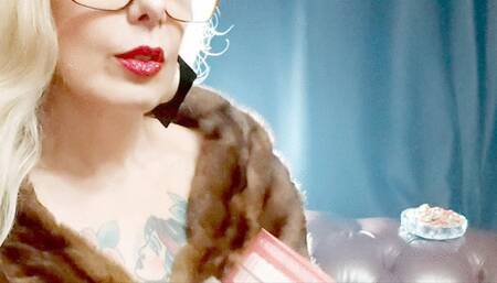 Close-up * Marlboro reds * Fur Real mink stole * Nose exhales * Long Drag *Coughing