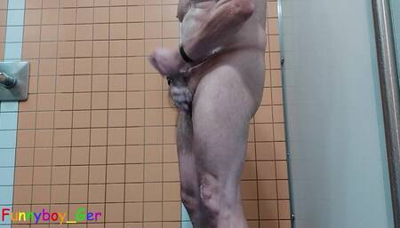 Jerking and big cumshot in a real public shower room #2