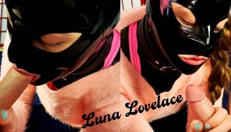 Latex hood, fuzzy sweater blowjob and handjob with shibari breast bondage underneath