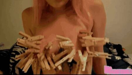A brutal handling with titful of clothespins on young girl tits