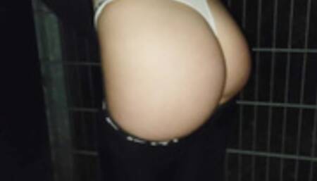 Spontaneous risky pull out fuck in front of a public café on our night walk