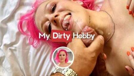 Pink haired babe deepthroats and gets a cumshot