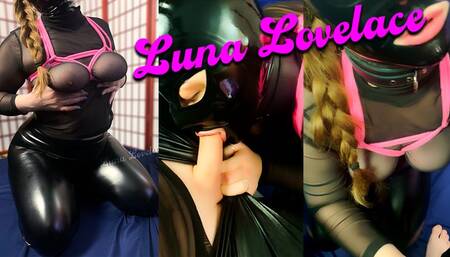 Latex hood, leather pants, pink shibari chest harness, and slow tease blowjob