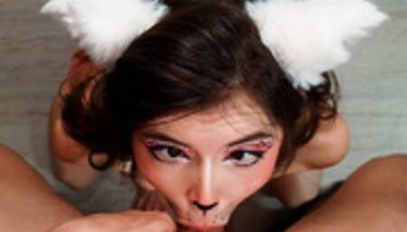 Neko girl sweetly sucked cock after the Halloween party and titfuck, getting cum on her pretty face