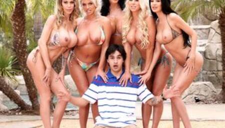 MILFs reverse gangbang 18yo at the pool