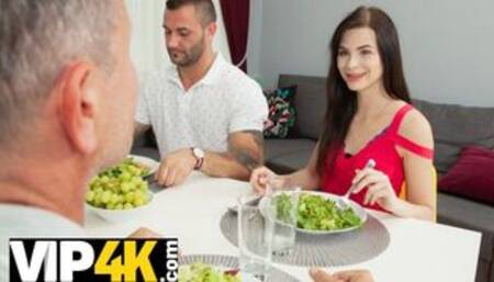 Black-haired beauty copulates with BFs friend in front of guy