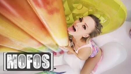 Thin Blonde Babe Emma Hix Gets Filled With Brad's Big Cock In Her Inflatable Room