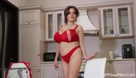 Jenny Oops gets striptease in red lingerie to greet you happy holidays