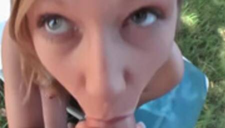 Amateur blonde masturbates then fucked outside by a big cock