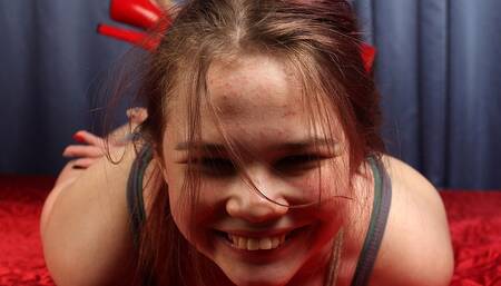 Isabella: girl in top and short shorts and red high heels, hogtied with rope with her feet crossed, wiggles on the bed (HD MP4)