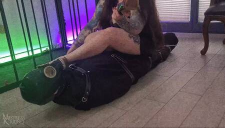 Slave tied to sniff my feet and boots