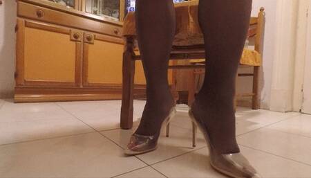 *** custom video *** Waiting friends for a cup of tea in nude patent transparent high heel stilettos pointed toe pumps with dark stockings (MP4) 1080 Full HD