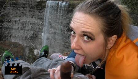 Outdoor waterfall blowjob, blonde Canadian almost gets caught