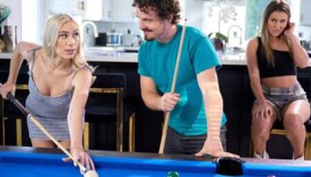 Teen and BF play pool with her roommate