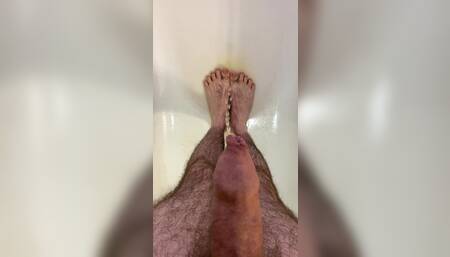 POV: Bushy uncut dick pissing on my hairy white feet in the bathtub