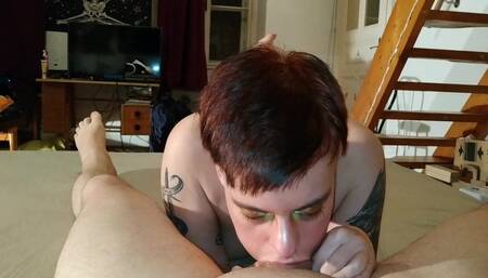 Tattoed teen POV sloppy deepthroat & give pro handjob for my thick dick
