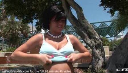 gorgeous brunette with huge tits masturbates in public