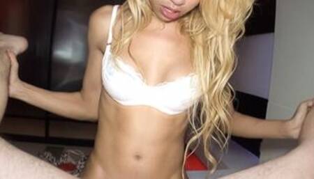 Blonde ladyboy Candy fucks guys asshole