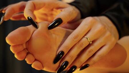 Goddess touching the calluses on her feet (4K)