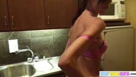 Sweet BrookeSkye went to the kitchen and strip off her clothes. She rubbing her pussy and tits. She fingering hard on her pussy until orgasm