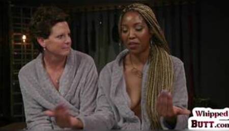 Whipping ebony dyke punishes trapped lesbian with toys