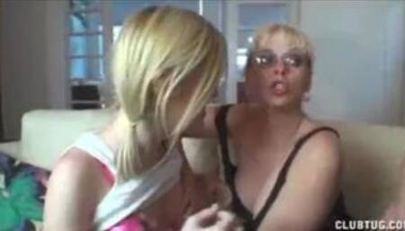 Teen and mature double team handjob