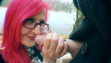 Cock sucking near the lake