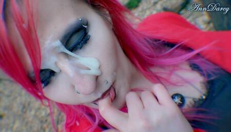 Public park blowjob facial and cumwalk