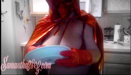 BBW Big Boobs in Devils Costume doing the Dishes