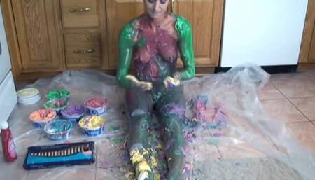 Sexy housewife gets naked and paints her body