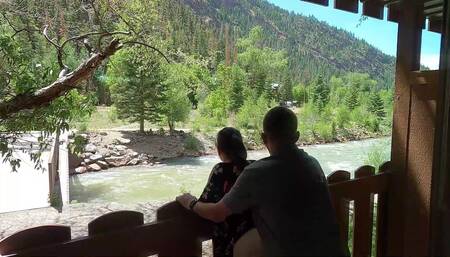 Outdoor doggy sex on a hotel balcony